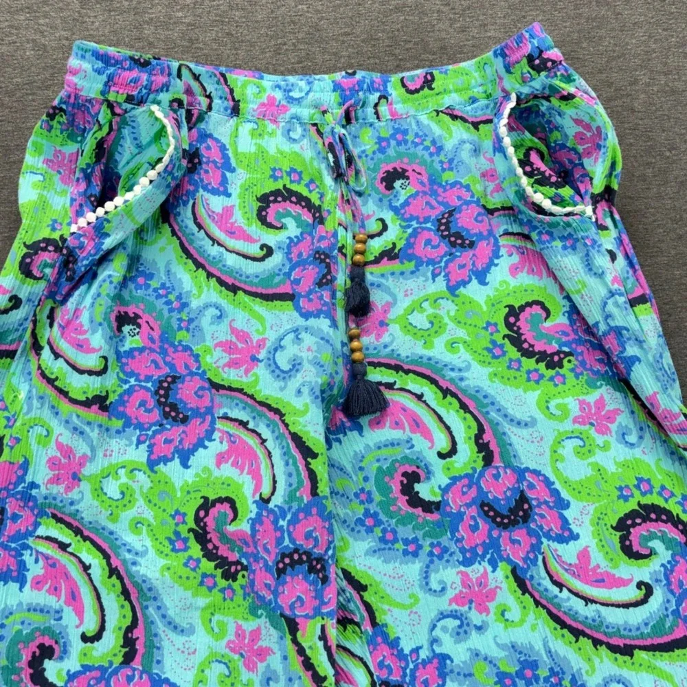 Talbots Pants Womens XL Aqua Paisley Capri Drawstring Tassel Pom Hem 100% Cotton - Picture 7 of 12